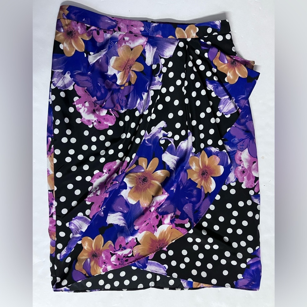 Women’s Floral/Polka Dot Faux Wrap Skirt, Size0, Black/White/Purple, Lightweight